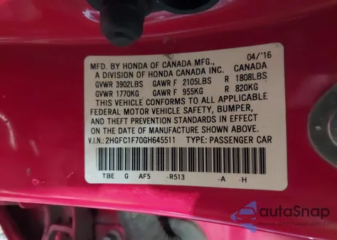 2016 Honda Civic Ex-L из США, поврежденный, VIN 2HGFC1F70GH645511